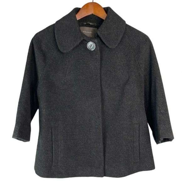 TAHARI Cashmere Blend Boxy Jacket Dark Charcoal Grey 3/4 Sleeves Monochrome 8 - Picture 2 of 14